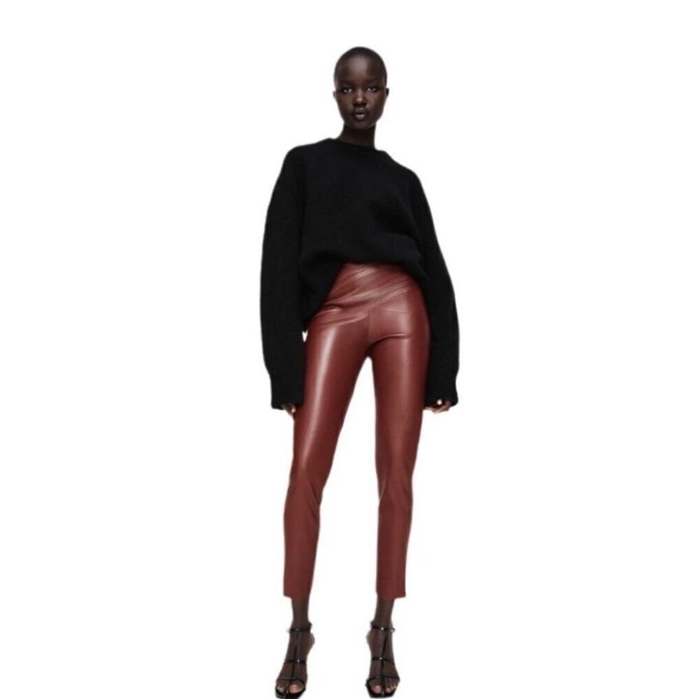 Zara High-rise Faux Leather Leggings in Burgundy Size Small NWT